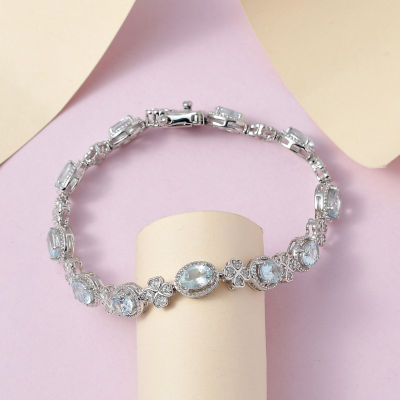 Womens Genuine Blue Aquamarine Sterling Silver 7.5 Inch Tennis Bracelet