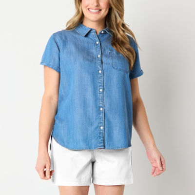 St. John's Bay Womens Short Sleeve Regular Fit Button-Down Shirt