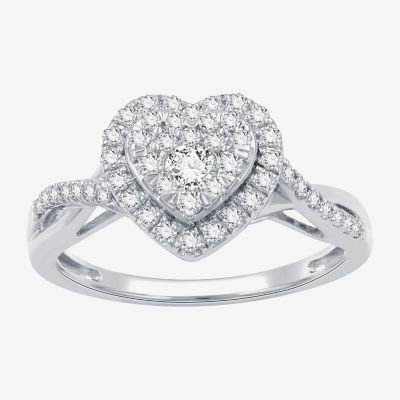 (H-I / I1) Womens 1/2 CT. T.W. Lab Grown White Diamond Sterling Silver Heart Side Stone Crossover Engagement Ring