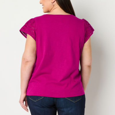 St. John's Bay Womens Crew Neck Short Sleeve Embroidered Plus Blouse