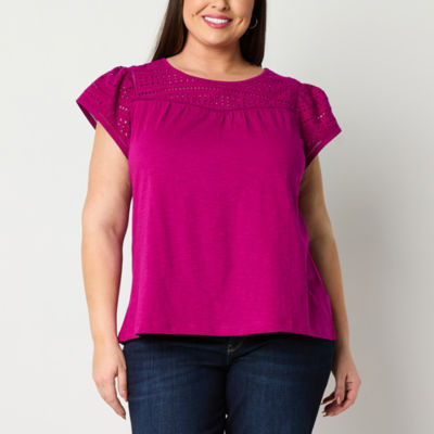 St. John's Bay Womens Plus Crew Neck Short Sleeve Embroidered Blouse