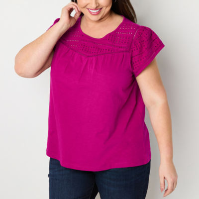 St. John's Bay Womens Plus Crew Neck Short Sleeve Embroidered Blouse