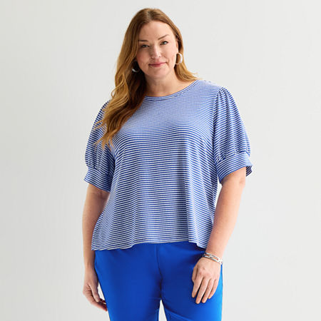 Liz Claiborne Womens Plus Crew Neck Short Sleeve Blouse, 4x, Blue