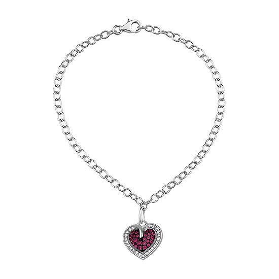 Simulated Red Ruby Sterling Silver Heart Charm Bracelet