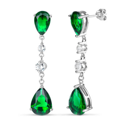 Simulated Green Emerald Sterling Silver Pear Drop Earrings