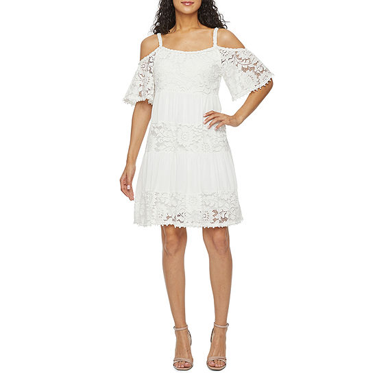 Robbie Bee Short Sleeve Cold Shoulder Lace Babydoll Dress Petite