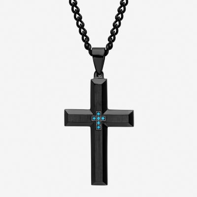 Mens Color-Enhanced Blue Diamond-Accent Black Ion-Plated Stainless Steel Cross Pendant Necklace