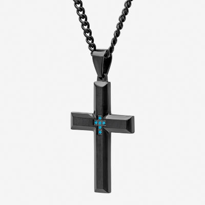 Mens Color-Enhanced Blue Diamond-Accent Black Ion-Plated Stainless Steel Cross Pendant Necklace