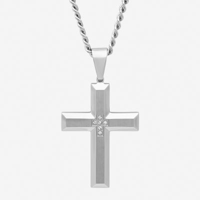 Mens Diamond-Accent Stainless Steel Cross Pendant Necklace