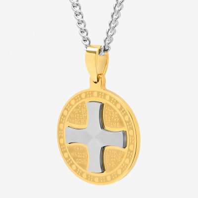 Mens Two-Tone Stainless Steel Lord's Prayer Iron Cross Pendant Necklace