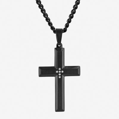 Mens Diamond-Accent Black IP Stainless Steel Cross Pendant Necklace