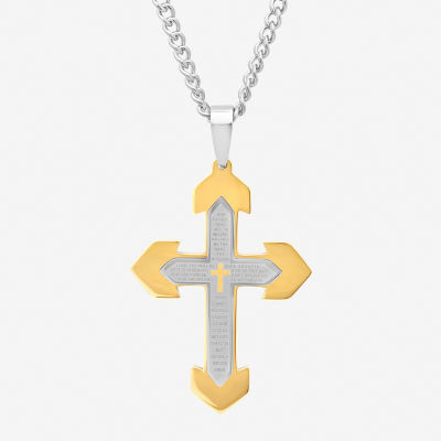 Mens Lord's Prayer Stainless Steel Cross Pendant Necklace