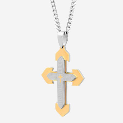 Mens Lord's Prayer Stainless Steel Cross Pendant Necklace