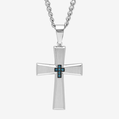 Mens Color-Enhanced Blue Diamond-Accent Stainless Steel Cross Pendant Necklace