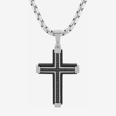 Mens 1/ CT. T.W. Mined Diamond Stainless Steel Cross Pendant Necklace