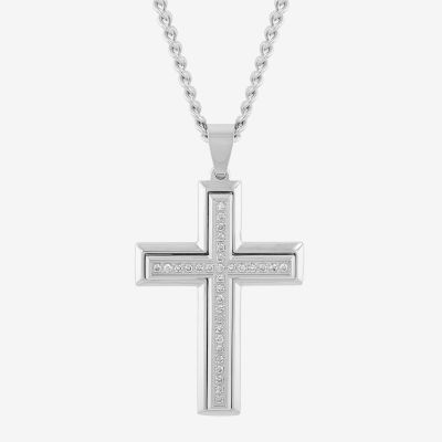 G-H / I1) Mens 1/ CT. T.W. Lab Grown White Diamond Stainless Steel Cross Pendant Necklace