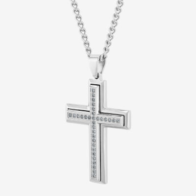 G-H / I1) Mens 1/ CT. T.W. Lab Grown White Diamond Stainless Steel Cross Pendant Necklace