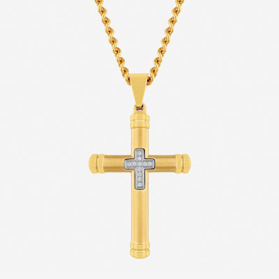 Mens Mined White Diamond Accent Stainless Steel Cross Pendant Necklace