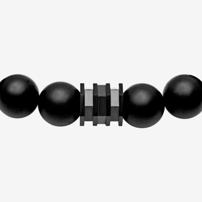 Beaded Genuine Black Onyx Stainless Steel Bolo Bracelet