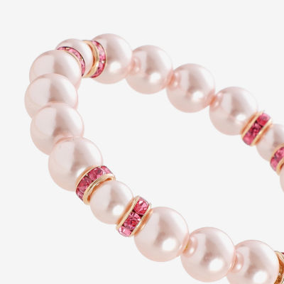 Monet Jewelry Gold Tone & Pink Womens Glass Simulated Pearl Stretch Bracelet