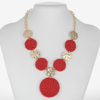 Liz Claiborne Gold Tone Hammered Raffia Womens Round 17 Inch Pendant Necklace