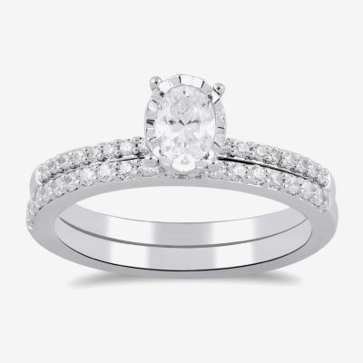 (H / I1-I2) Womens 5/8 CT. T.W. Lab Grown White Diamond Sterling Silver Oval Side Stone Bridal Set