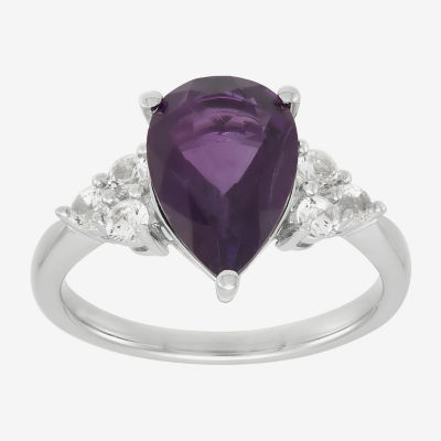 Womens Genuine Purple Amethyst Sterling Silver Pear Side Stone Cocktail Ring