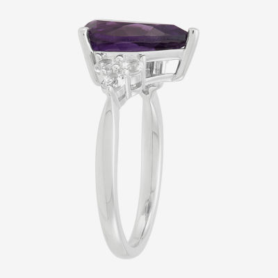 Womens Genuine Purple Amethyst Sterling Silver Pear Side Stone Cocktail Ring