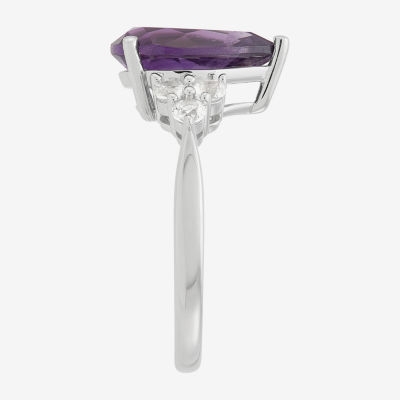 Womens Genuine Purple Amethyst Sterling Silver Pear Side Stone Cocktail Ring