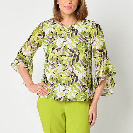 Black Label by Evan-Picone Floral Womens Crew Neck 3/4 Sleeve Blouse