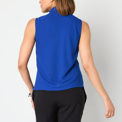 Black Label by Evan-Picone Womens Split Tie Neck Sleeveless Blouse
