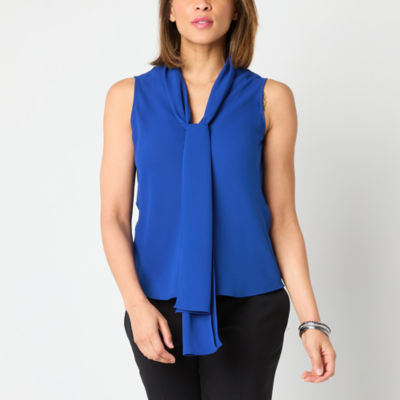 Black Label by Evan-Picone Womens Split Tie Neck Sleeveless Blouse