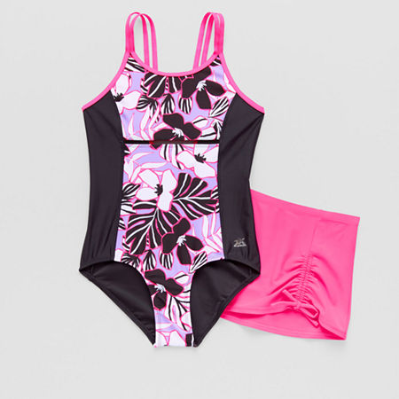 ZeroXposur Big Kid Girls Floral One Piece+Cover-Ups, Small (7-8), Pink