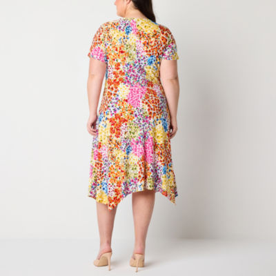 Perceptions Plus Short Sleeve Floral Midi Fit + Flare Dress