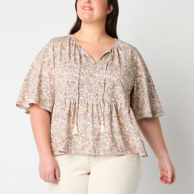 Frye and Co. Plus Womens Split Tie Neck Elbow Sleeve Blouse, Color