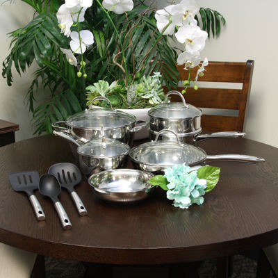 Oster Ridgewell 13 piece Stainless Steel  Belly Shape Cookware Set in Silver Mirror Polish with Hollow Handle