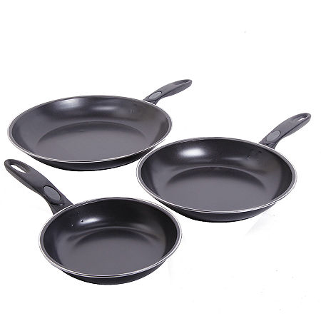 Aventura 3 Pc Frying Pan Set - Black - Ez Cook - Euro Bakelite Handle - Carbon Steel - O/S - Shrink Wrap, One Size, Black