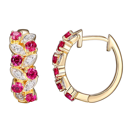 Lab Grown Red Ruby & 1/10 CT. T.W. Lab Grown White Diamond  18K Gold Over Silver 16.5mm Hoop Earrings