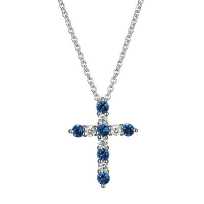 Womens Lab Grown Blue Sapphire & 1/8 CT. T.W. Lab Grown White Diamond Sterling Silver Cross Pendant Necklace