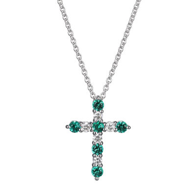 Womens Lab Grown Green Emerald & 1/8 CT. T.W. Lab Grown White Diamond Sterling Silver Cross Pendant Necklace