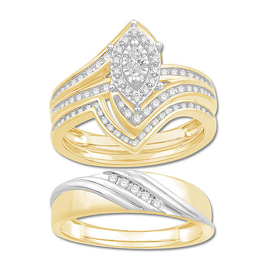 3PC Trio Set Featuring 1/2 CT. T.W. Diamond 10K Two Tone Gold Womens Size 7 Bridal Set and Mens Size 10.5 Band