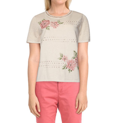 Alfred Dunner Springtime In Paris Womens Crew Neck Embellished Short Sleeve Floral Pullover Sweater