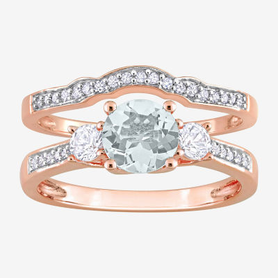 Modern Bride Gemstone Womens 1/8 CT. T.W. Genuine Blue Aquamarine 10K Rose Gold Round 3-Stone Bridal Set