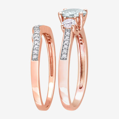 Modern Bride Gemstone Womens 1/8 CT. T.W. Genuine Blue Aquamarine 10K Rose Gold Round 3-Stone Bridal Set