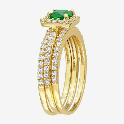 Modern Bride Gemstone Womens Lab Created Green Emerald 18K Gold Over Silver Cushion Side Stone Halo Bridal Set