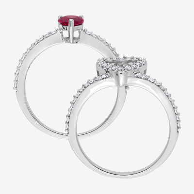 Womens 1/2 CT. T.W. Lab Created Red Ruby 10K White Gold Heart Side Stone Halo Bridal Set