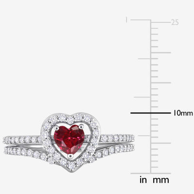 Womens 1/2 CT. T.W. Lab Created Red Ruby 10K White Gold Heart Side Stone Halo Bridal Set