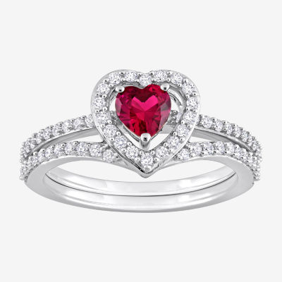 Womens 1/2 CT. T.W. Lab Created Red Ruby 10K White Gold Heart Side Stone Halo Bridal Set