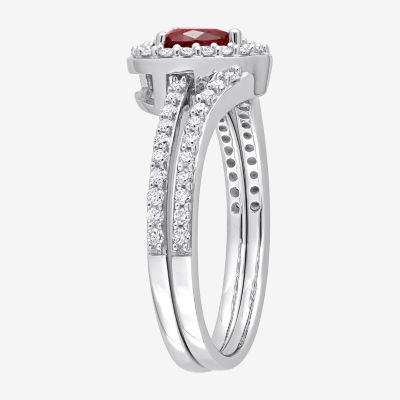 Womens 1/2 CT. T.W. Lab Created Red Ruby 10K White Gold Heart Side Stone Halo Bridal Set