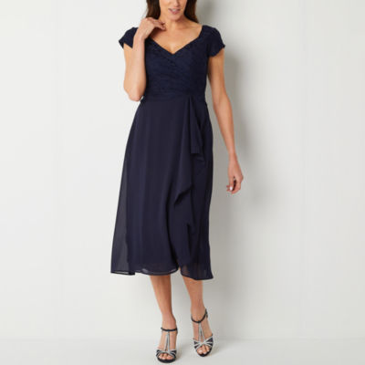 Danny & Nicole Short Sleeve Midi Fit + Flare Dress, Color: Navy - JCPenney